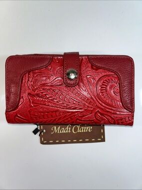 Madi Claire Genuine Leather Red Embossed Crossbody Mini Bag Wallet